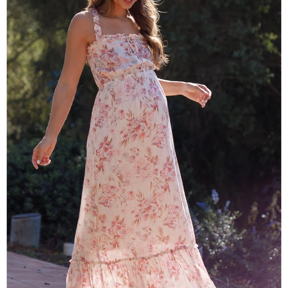Cream floral shimmer lace-up maternity maxi dress